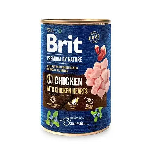 Canned dog food featuring chicken hearts and blueberries for all breeds, promoting health and nutrition.