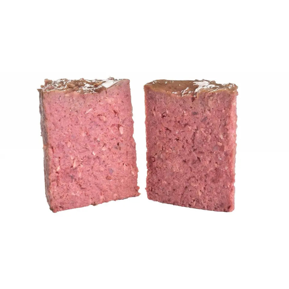 Two rectangular pieces of pink pet food, showcasing a soft texture and rich ingredients.