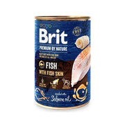 Canned fish for dogs with fish skin, enriched with salmon oil for optimal nutrition and digestibility.
