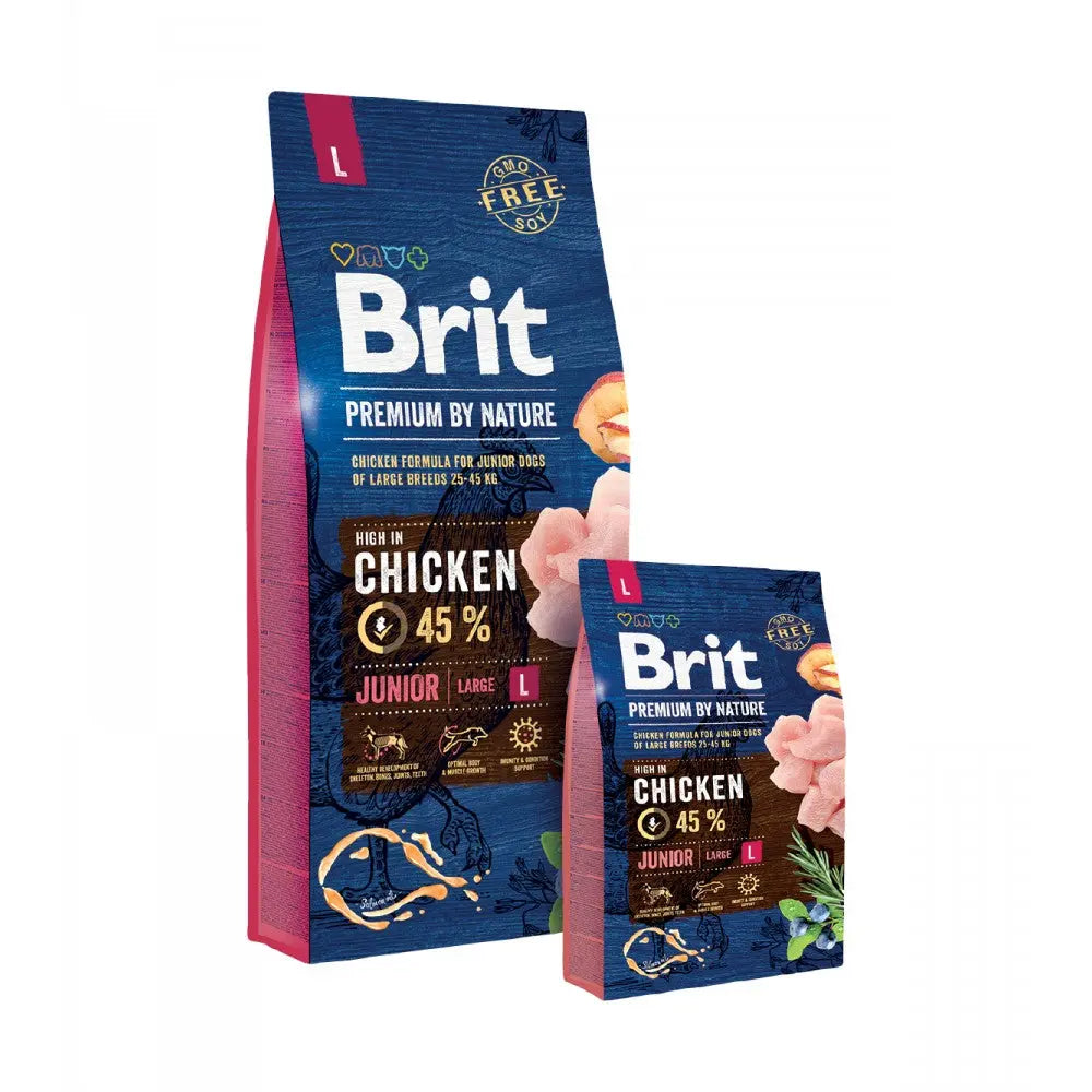 Premium Brit dog food bags featuring chicken formula for large junior breeds, highlighting quality ingredients.