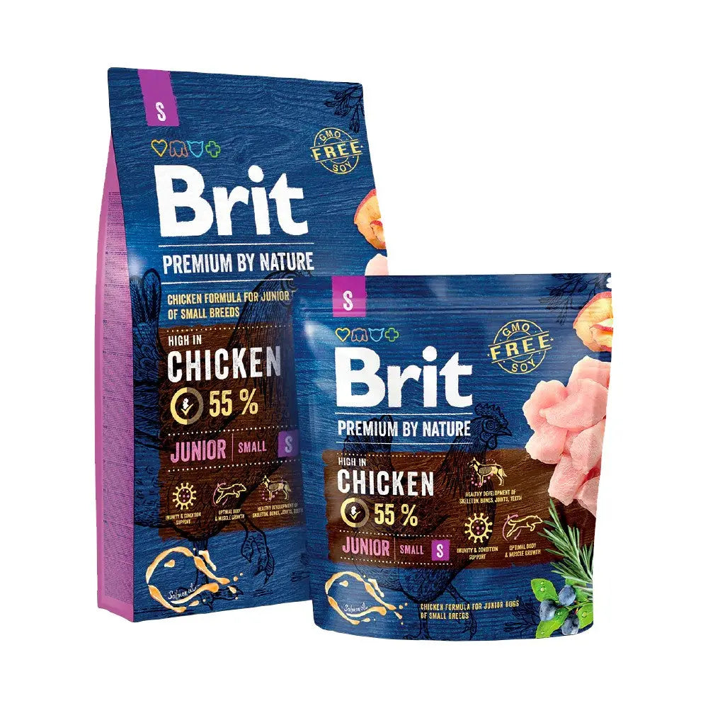 Premium Brit dog food bags featuring high chicken content for small breed juniors.