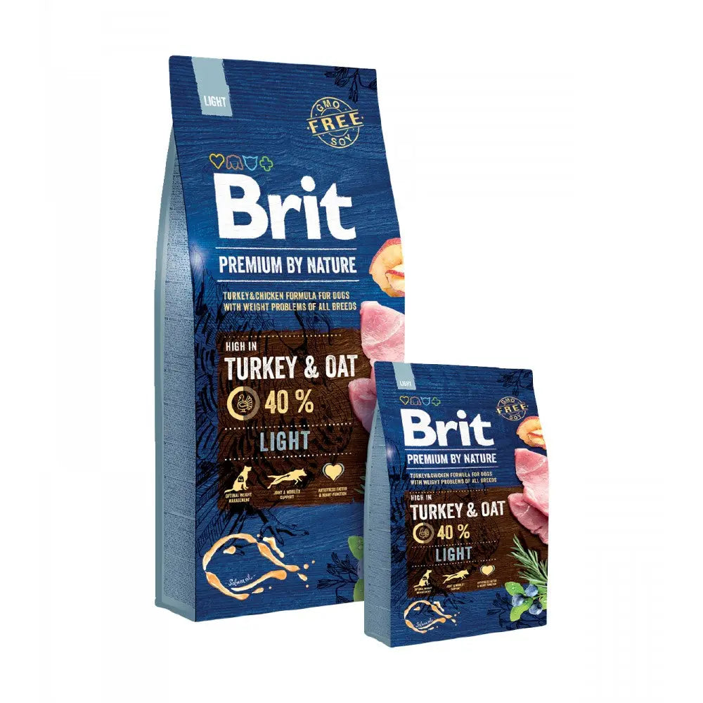 Premium Brit dog food bags featuring turkey and oat, designed for weight management in all breeds.