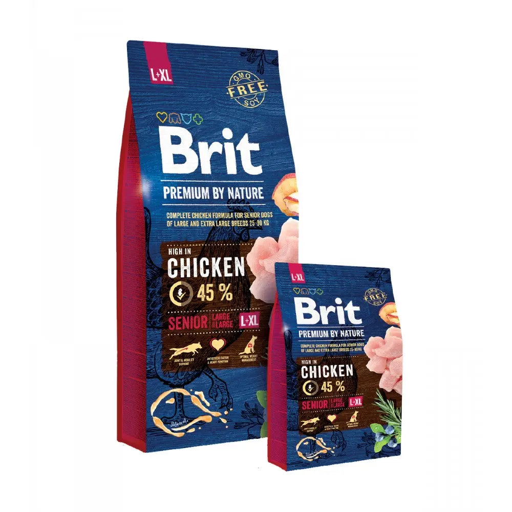 Premium Brit dog food bags featuring 45% chicken, designed for senior large and extra-large breeds.