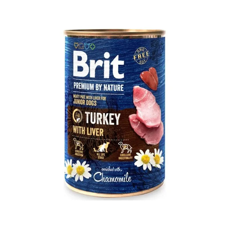 Canned dog food featuring turkey and liver, enriched with chamomile for junior dogs.