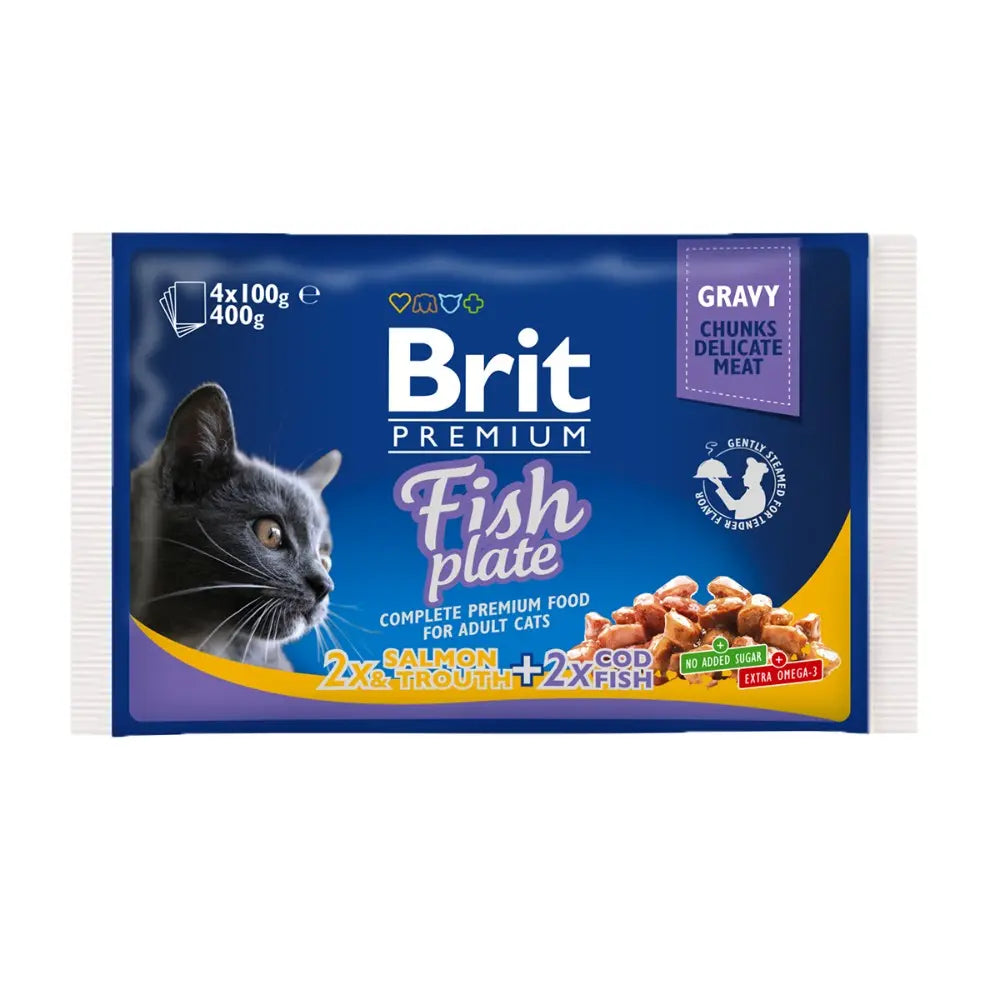 Premium cat food pouch featuring salmon and trout in gravy for adult cats.