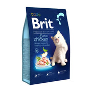 Kitten food bag featuring chicken recipe, ideal for kittens aged 1-12 months, with a playful cat image.