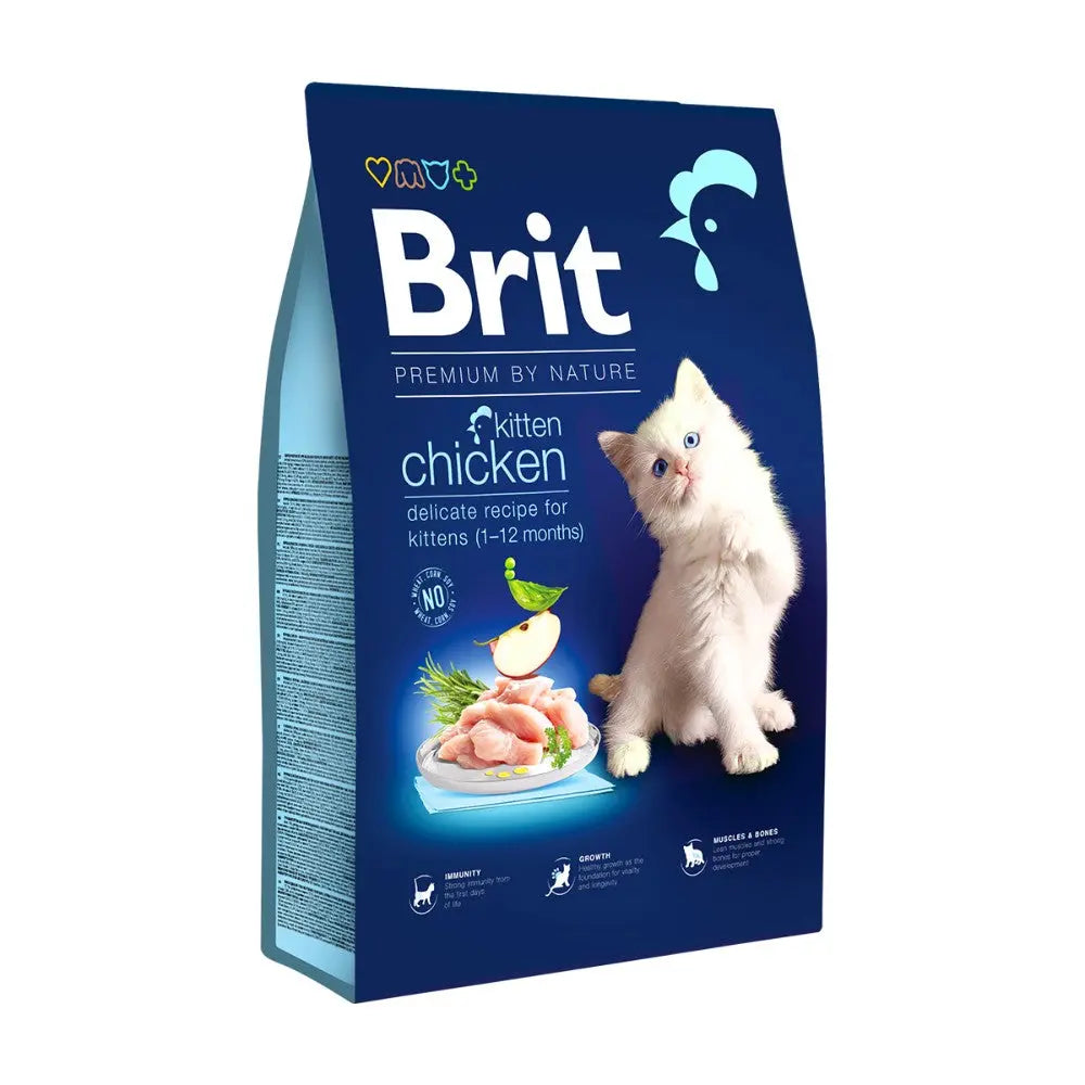 Kitten food bag featuring chicken recipe, ideal for kittens aged 1-12 months, with a playful cat image.