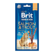 Salmon and trout cat treats in a blue packaging, featuring meaty fish sticks for healthy feline snacking.