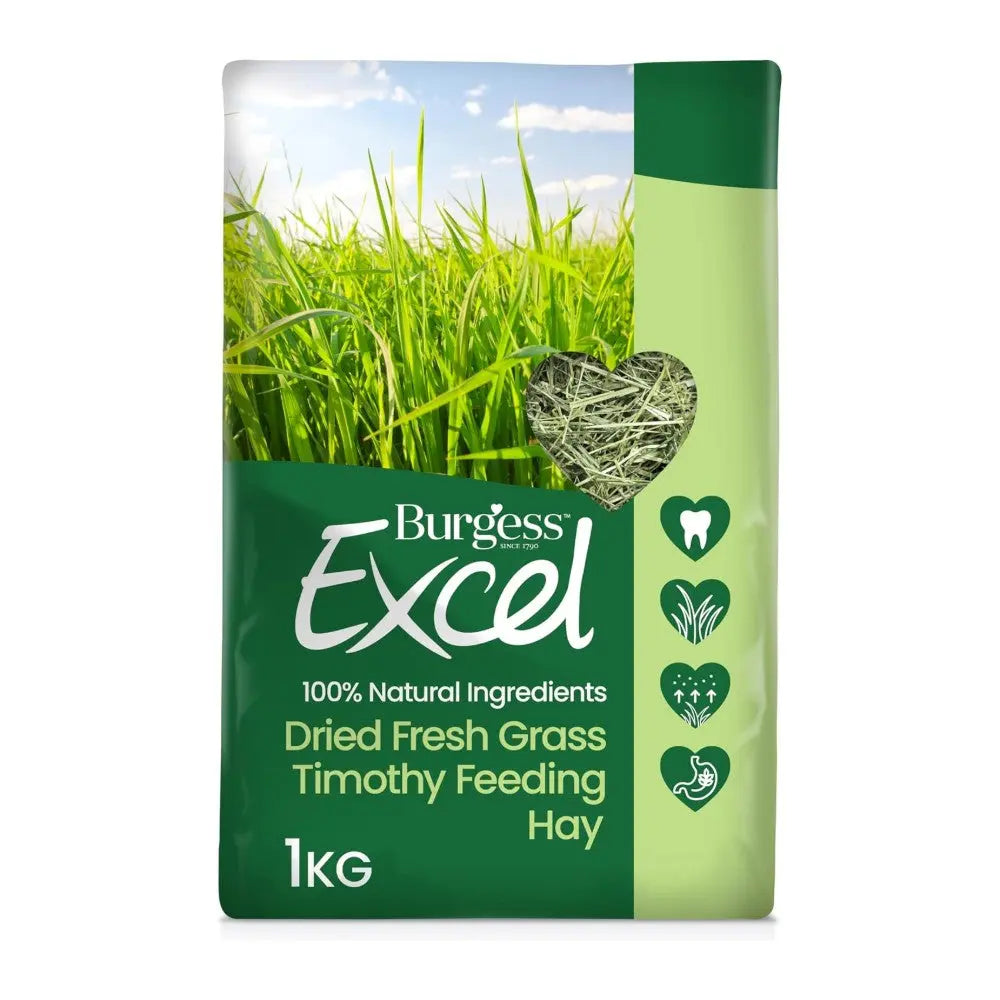 Burgess Excel 1kg dried Timothy hay for small animal feeding, made from 100% natural ingredients.