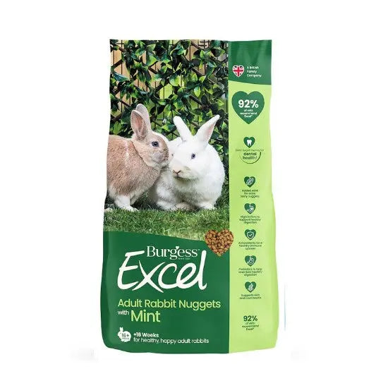Burgess Excel Adult Rabbit Nuggets with Mint for healthy, happy rabbits, featuring a nutritious formula.
