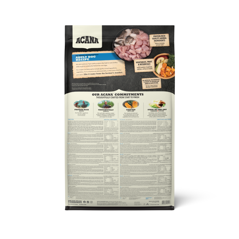 Acana Adult Recipe Dog Food – back of bag packaging with nutrition details (SA)