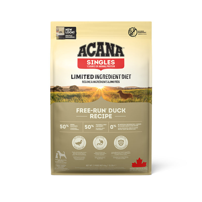 Acana Singles Free-Run Duck Dog Food – front of bag packaging (South Africa)