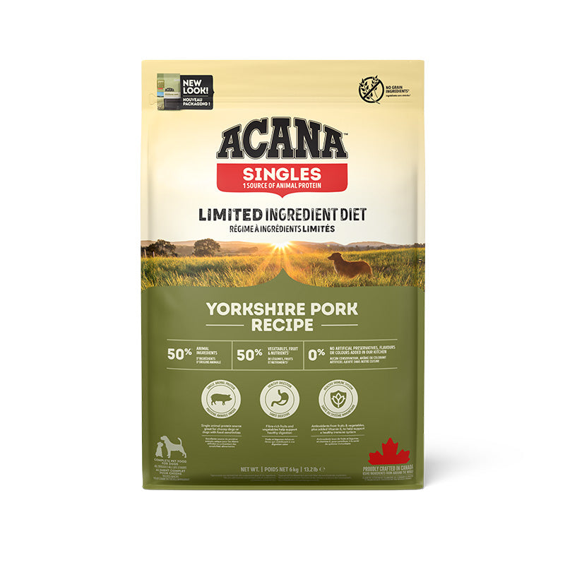 Acana Singles Yorkshire Pork Dog Food – front of bag packaging (South Africa)