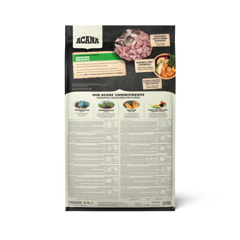 Acana Senior Recipe Dog Food – back of bag packaging with nutrition details (SA)
