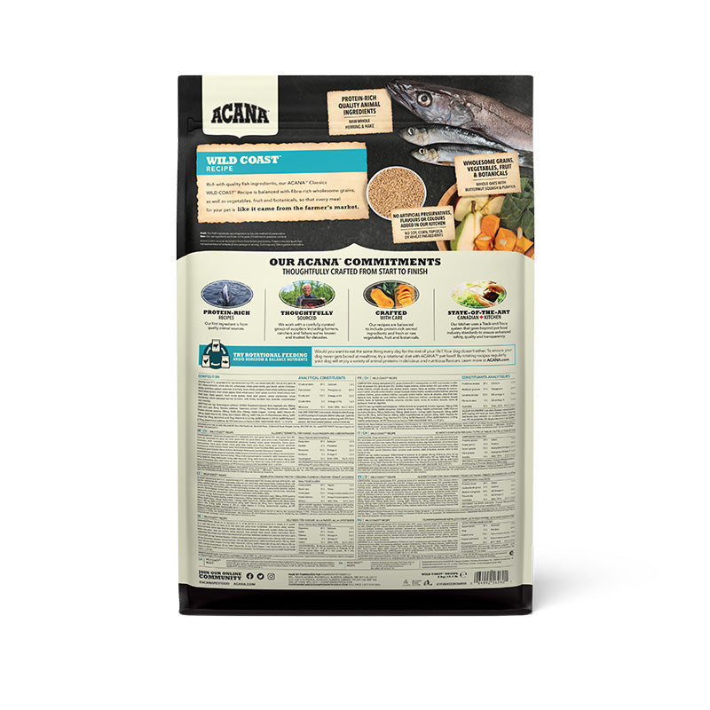 Acana Classics Wild Coast Recipe Dog Food – back of bag packaging with nutrition details (SA)