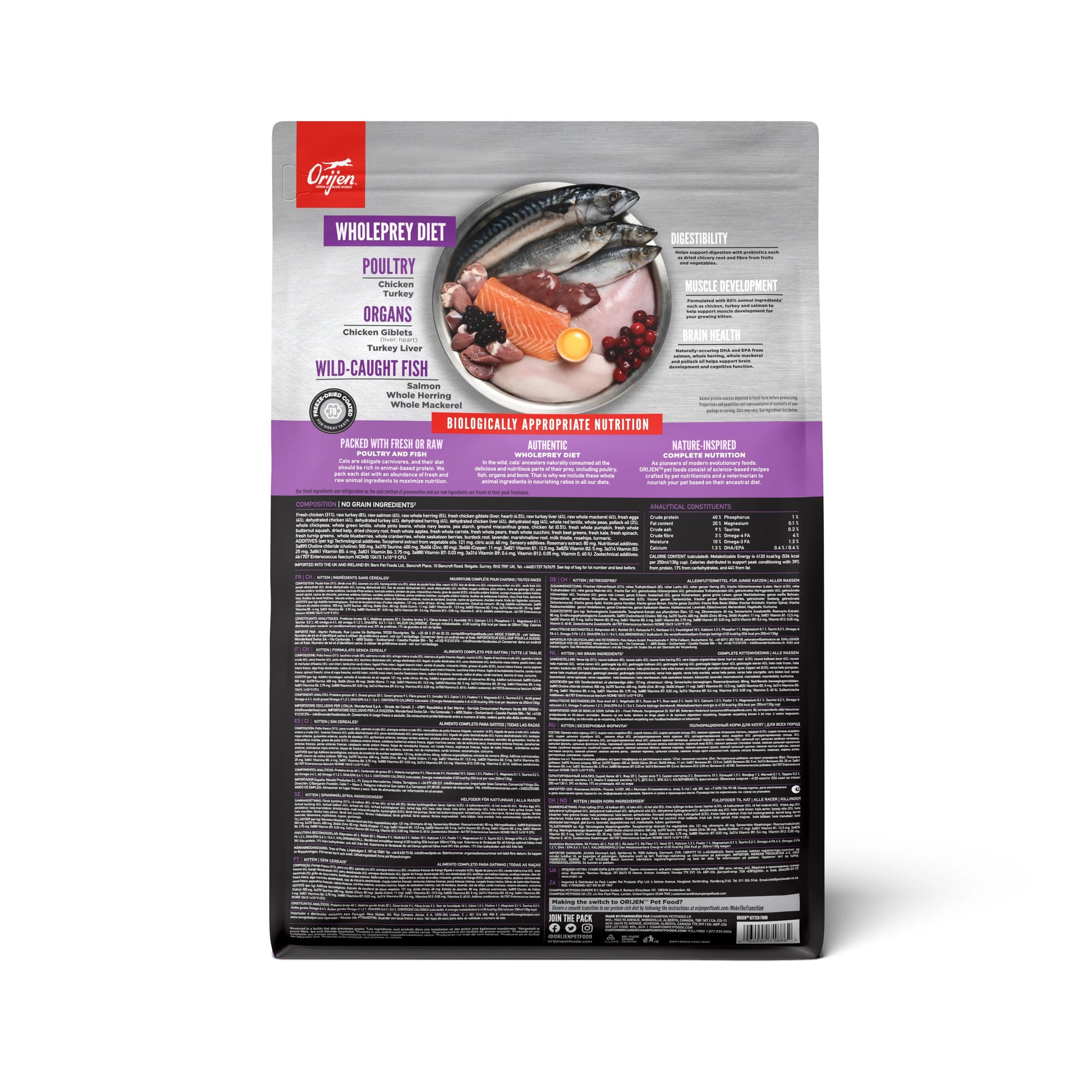 Orijen Kitten – back of bag packaging with nutrition details (SA)