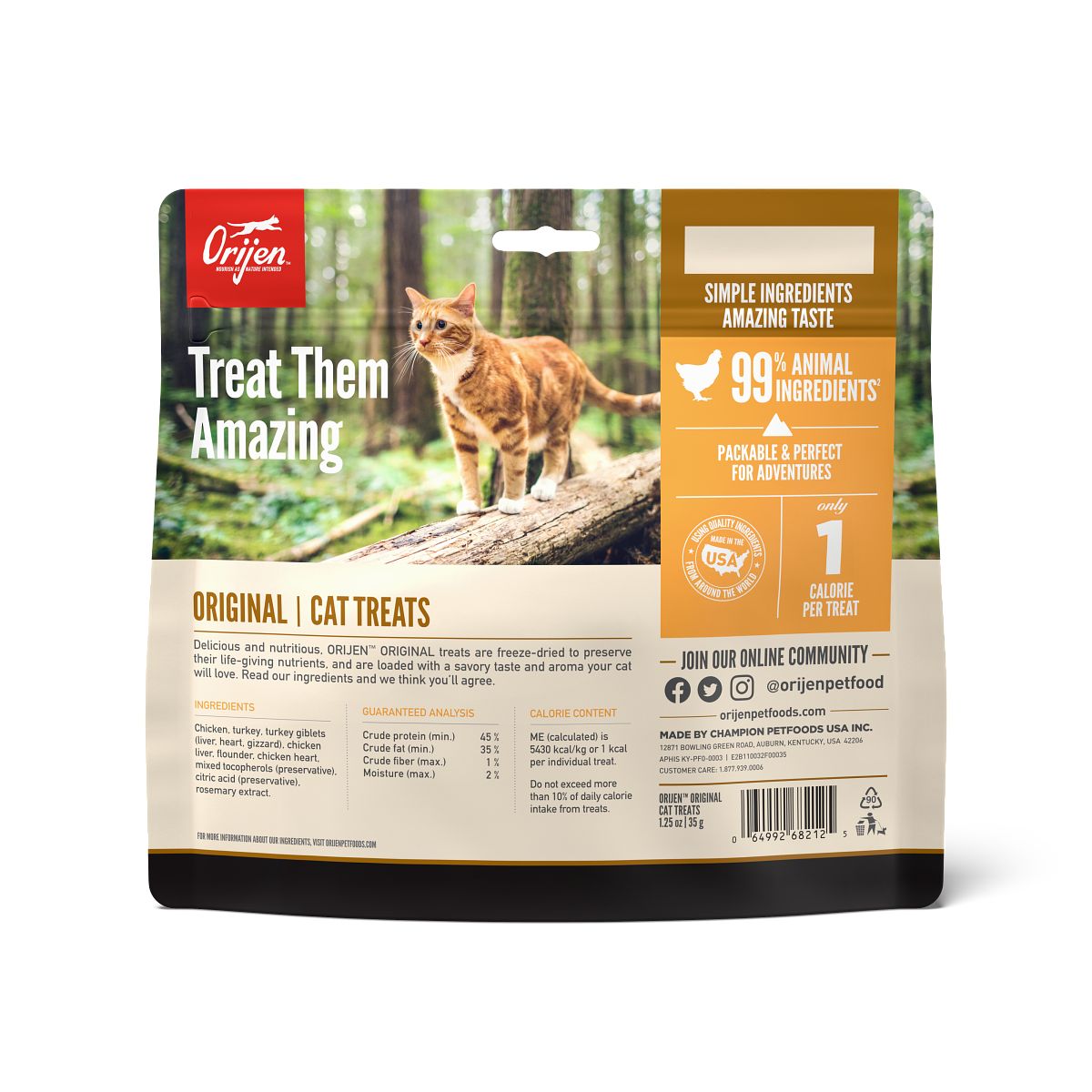 Orijen Original Freeze-Dried Cat Treats – back of bag packaging with nutrition details (SA)