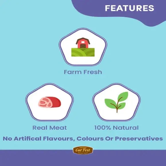 Farm fresh cat food featuring real meat and 100% natural ingredients without artificial additives.