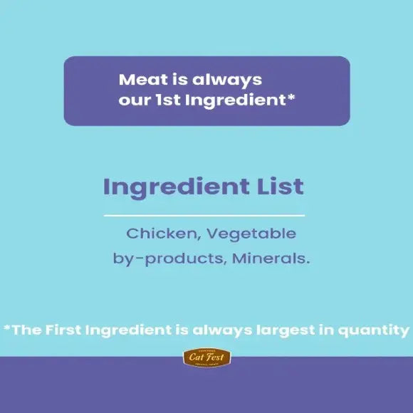 Ingredient list highlighting chicken as the primary component in pet food packaging.
