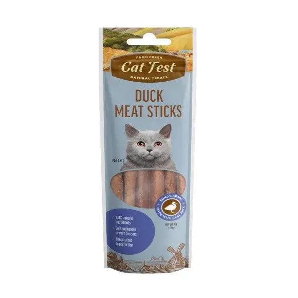 Duck meat sticks for cats, natural treats in a resealable package with a playful cat graphic.