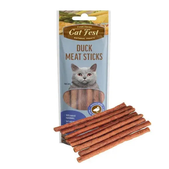 Duck meat sticks for cats, natural treats in a resealable package, perfect for rewarding your feline friend.