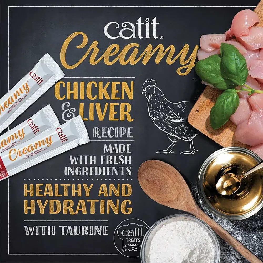 Catit Creamy chicken and liver recipe with fresh ingredients, featuring a chalkboard design and cooking elements.