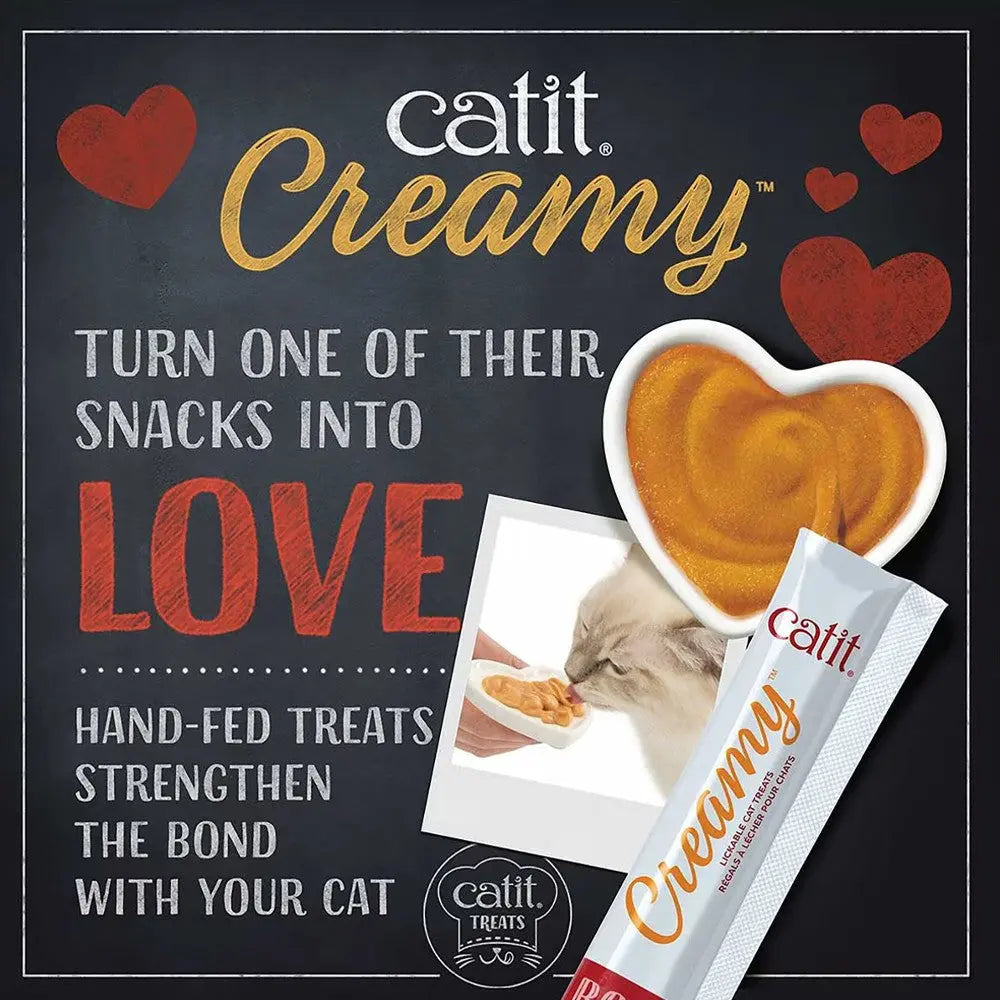 Catit Creamy treats advertisement highlighting hand-fed snacks that enhance the bond with your cat.