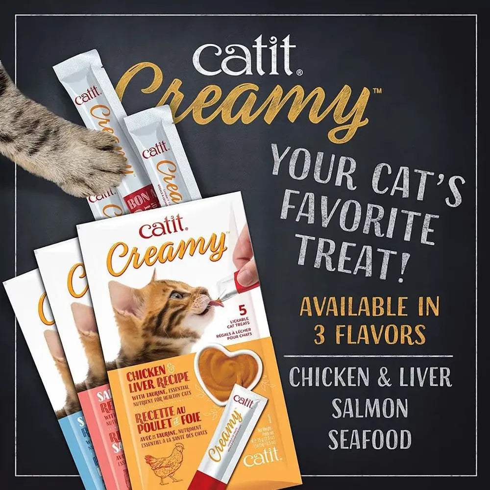Catit Creamy cat treats packaging featuring chicken, liver, salmon, and seafood flavors for your feline friend.