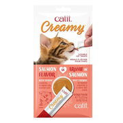 Catit Creamy salmon flavor cat treats in a convenient lickable pouch for healthy feline enjoyment.