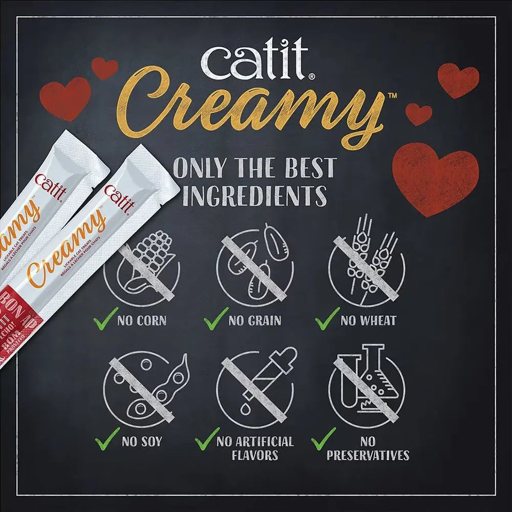 Catit Creamy packaging highlighting no corn, grain, wheat, soy, artificial flavors, or preservatives.