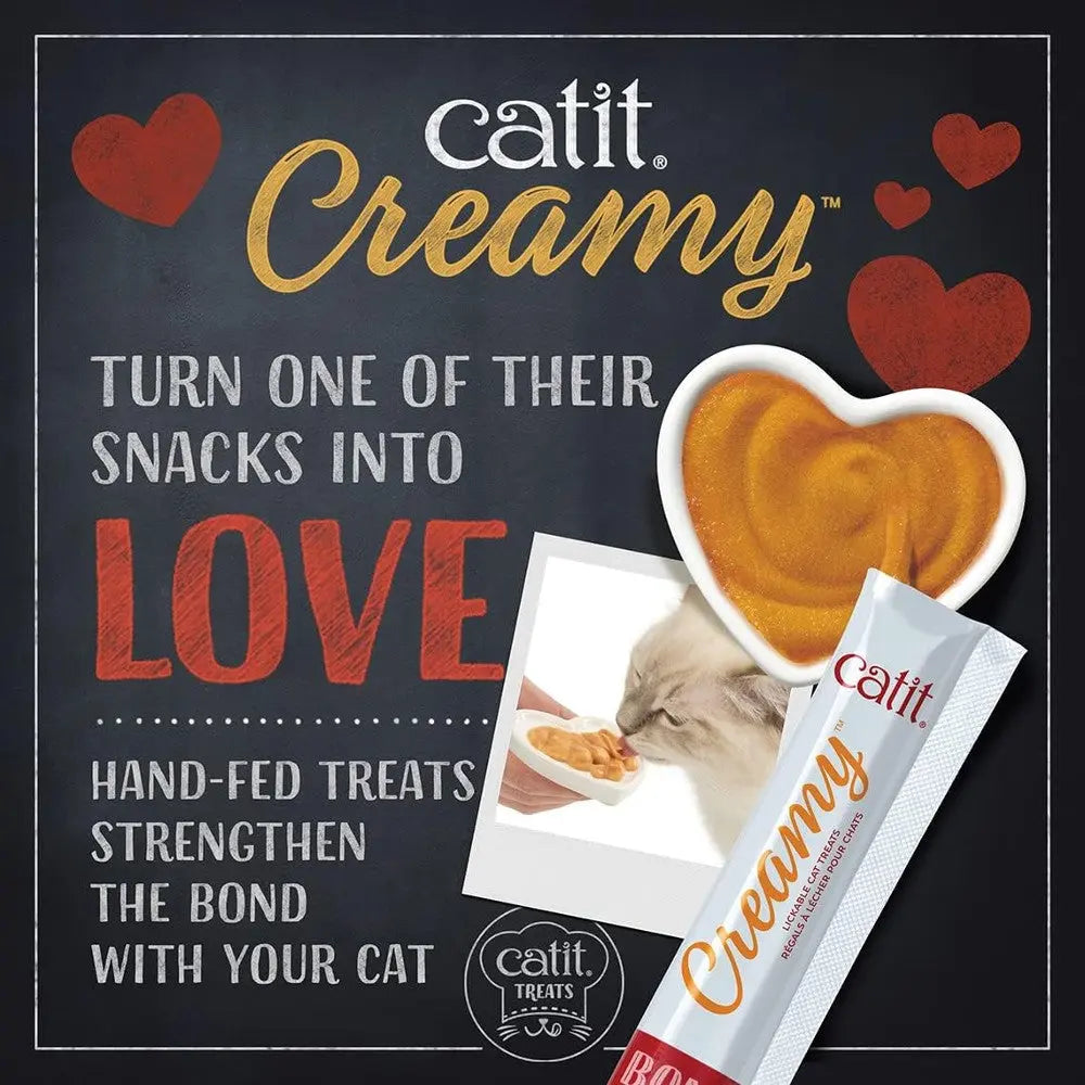 Catit Creamy treats packaging with heart design, promoting love and bonding with your cat.