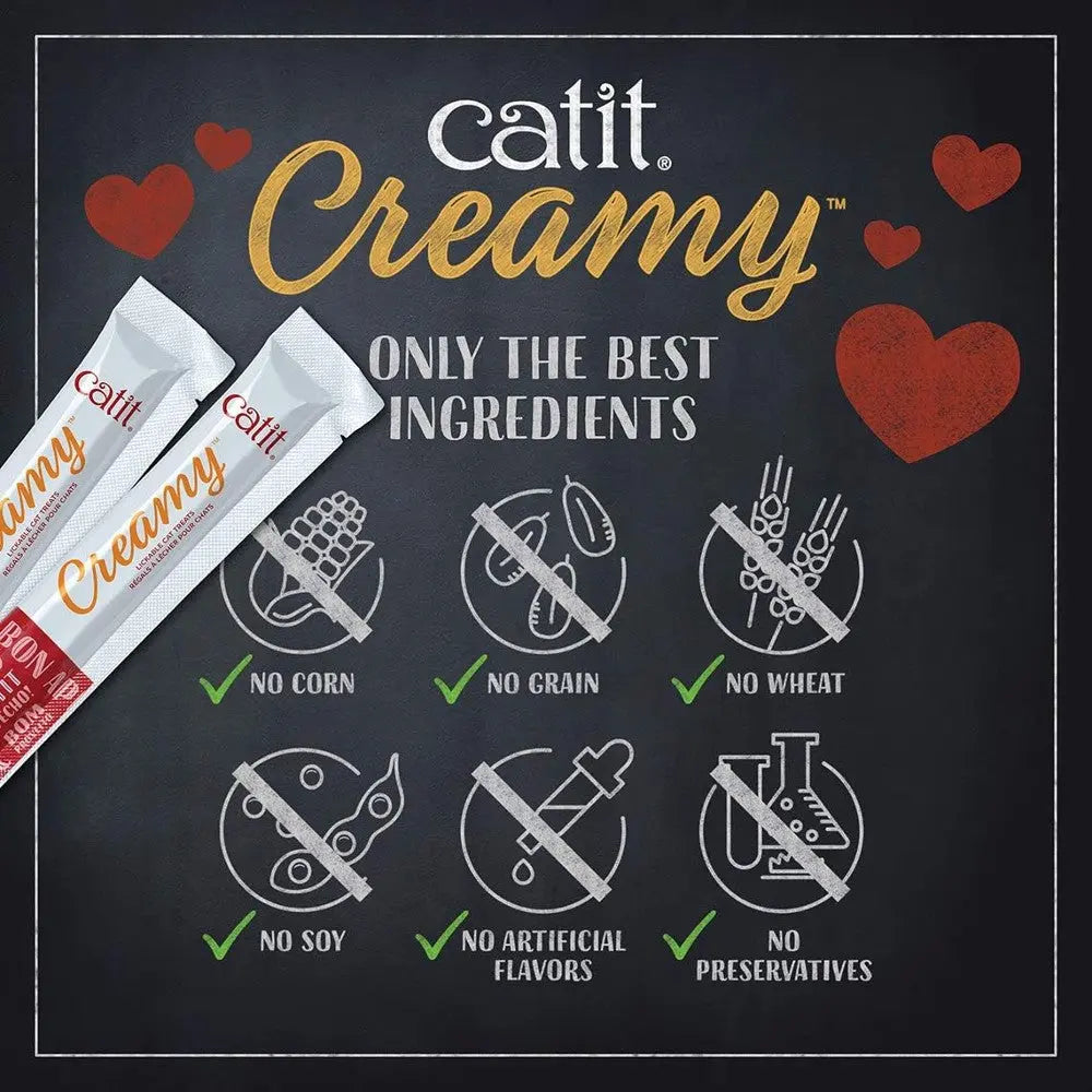 Catit Creamy packaging highlighting no corn, grain, soy, wheat, artificial flavors, or preservatives.