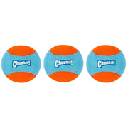 Three Chuckit! dog balls in blue and orange, perfect for outdoor play and fetch activities.