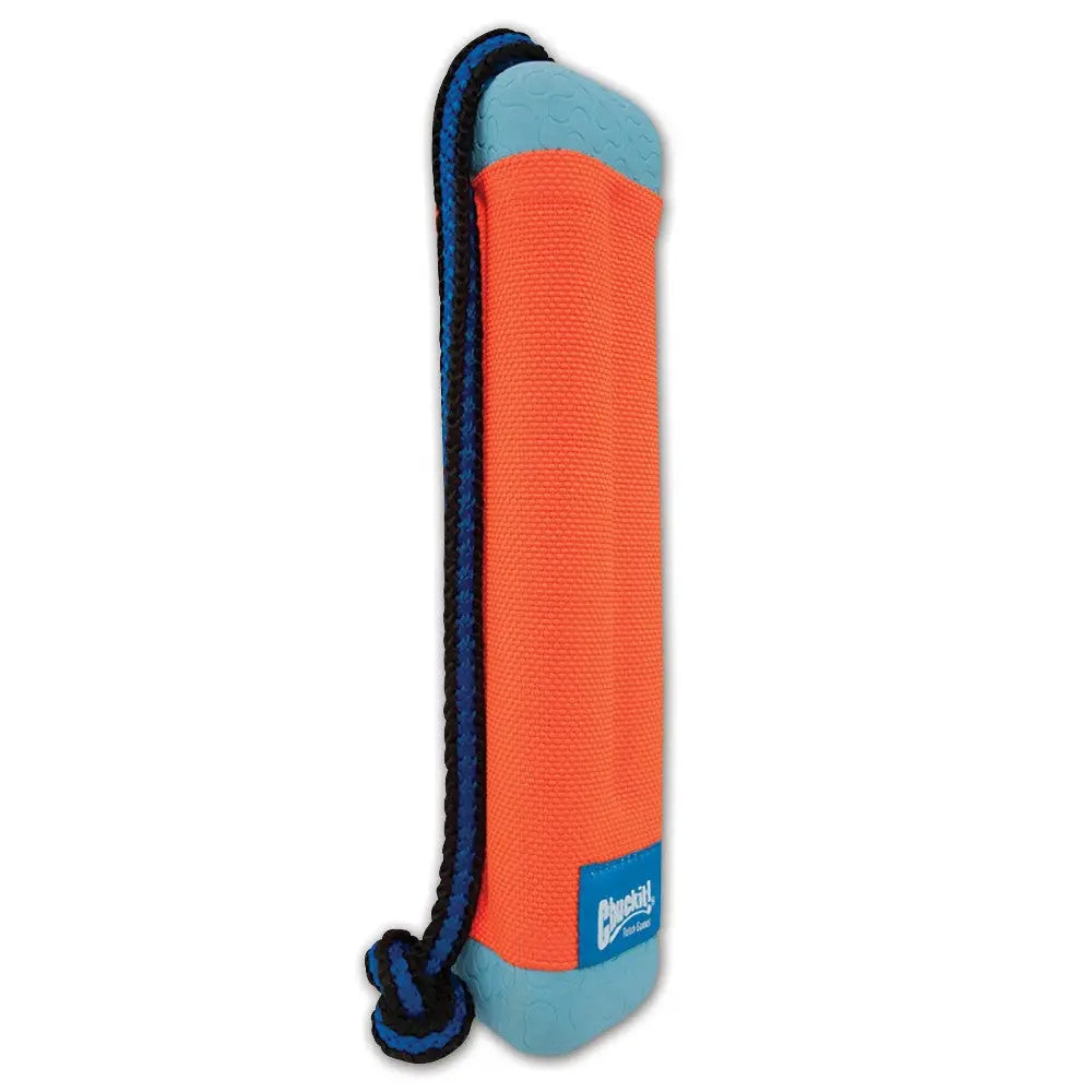 Durable orange dog toy with a rope handle for interactive play and fetch.