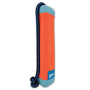 Durable orange dog toy with a rope handle for interactive play and fetch.