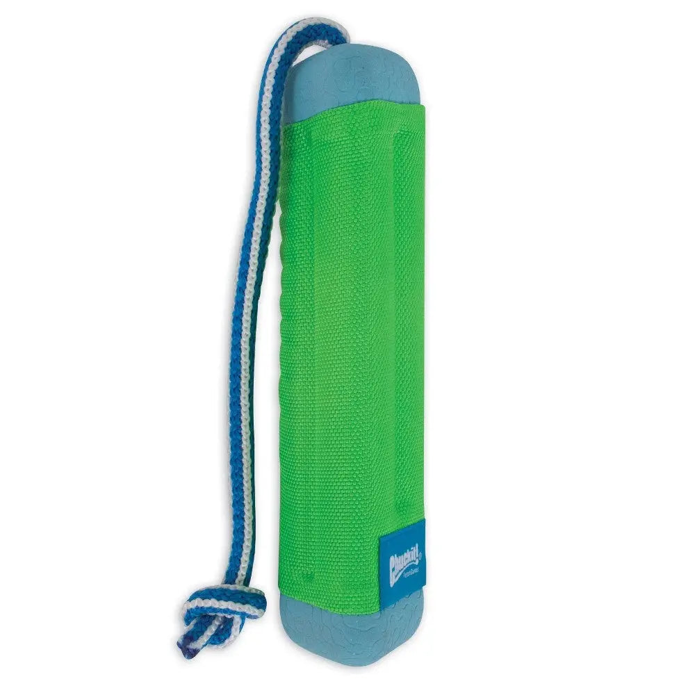 Durable green dog toy with a rope for fetching and outdoor play.