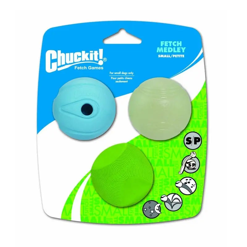 Chuckit! Fetch Medley toy set for small dogs, featuring three colorful fetch balls.
