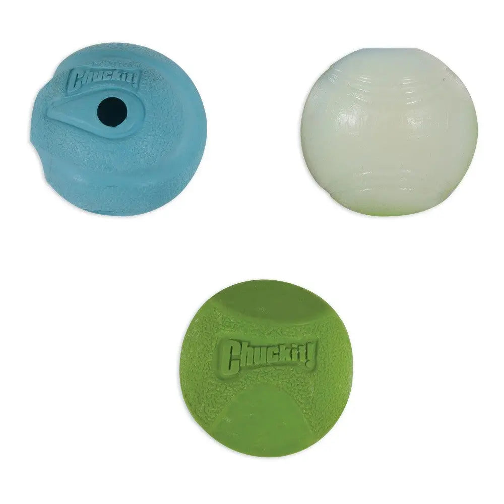 Durable Chuckit! dog toys in blue, white, and green for interactive play and fetch.
