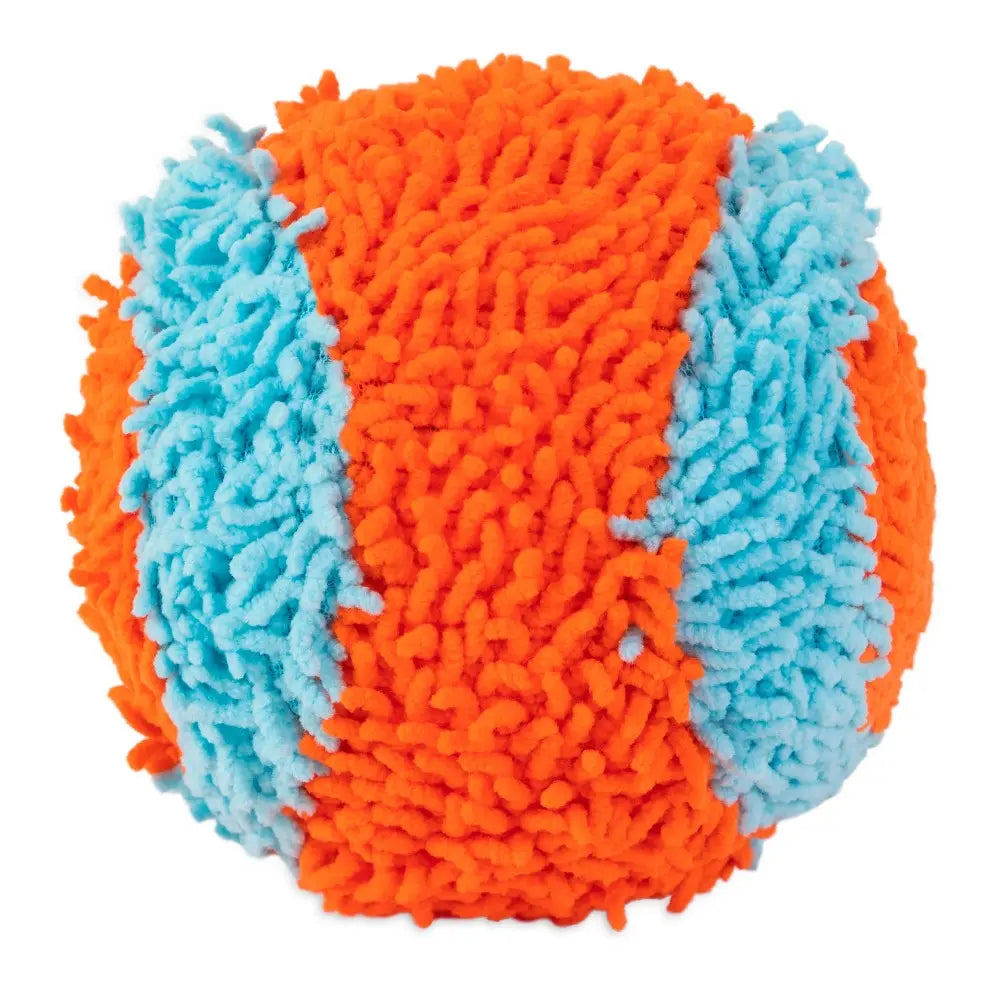 Colorful plush dog toy ball in orange and blue, perfect for playful fetch sessions.