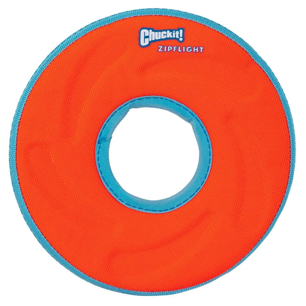 Bright orange Chuckit! Zipflight dog toy for fun outdoor play and fetch activities.