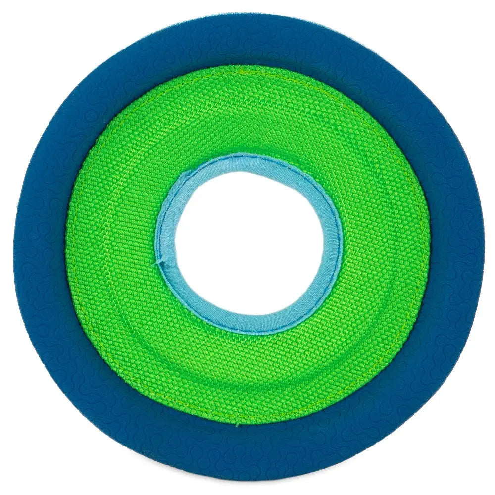 Durable dog toy ring in vibrant green and blue, perfect for fetch and playtime.
