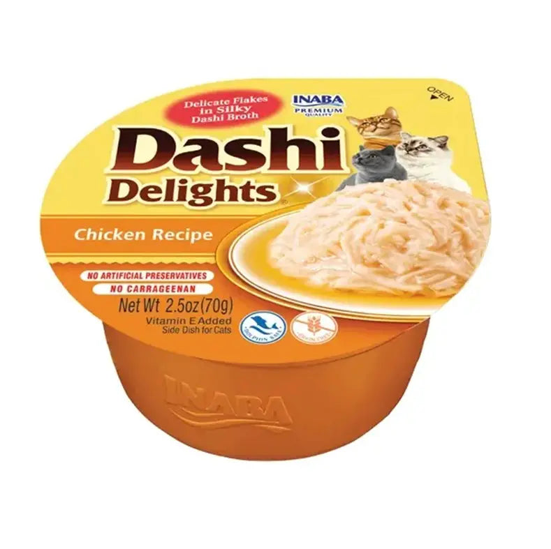 Dashi Delights chicken recipe for cats in a convenient cup, featuring delicate flakes in broth.