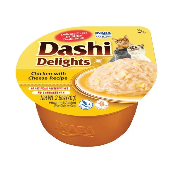 Dashi Delights chicken and cheese recipe for cats in a convenient cup packaging.