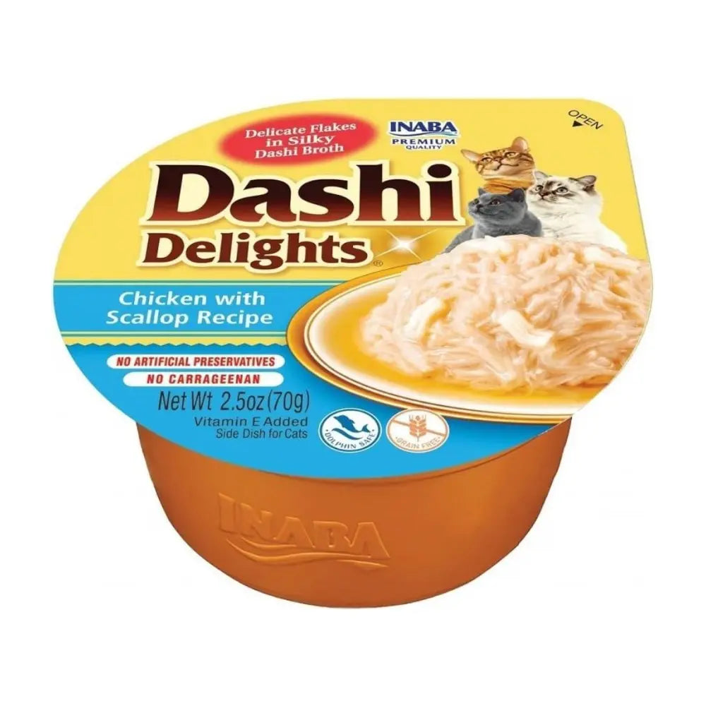 Dashi Delights chicken with scallop recipe for cats in a convenient, ready-to-serve cup.