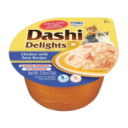 Dashi Delights cat food cup with chicken and tuna recipe in silky broth, no artificial preservatives.