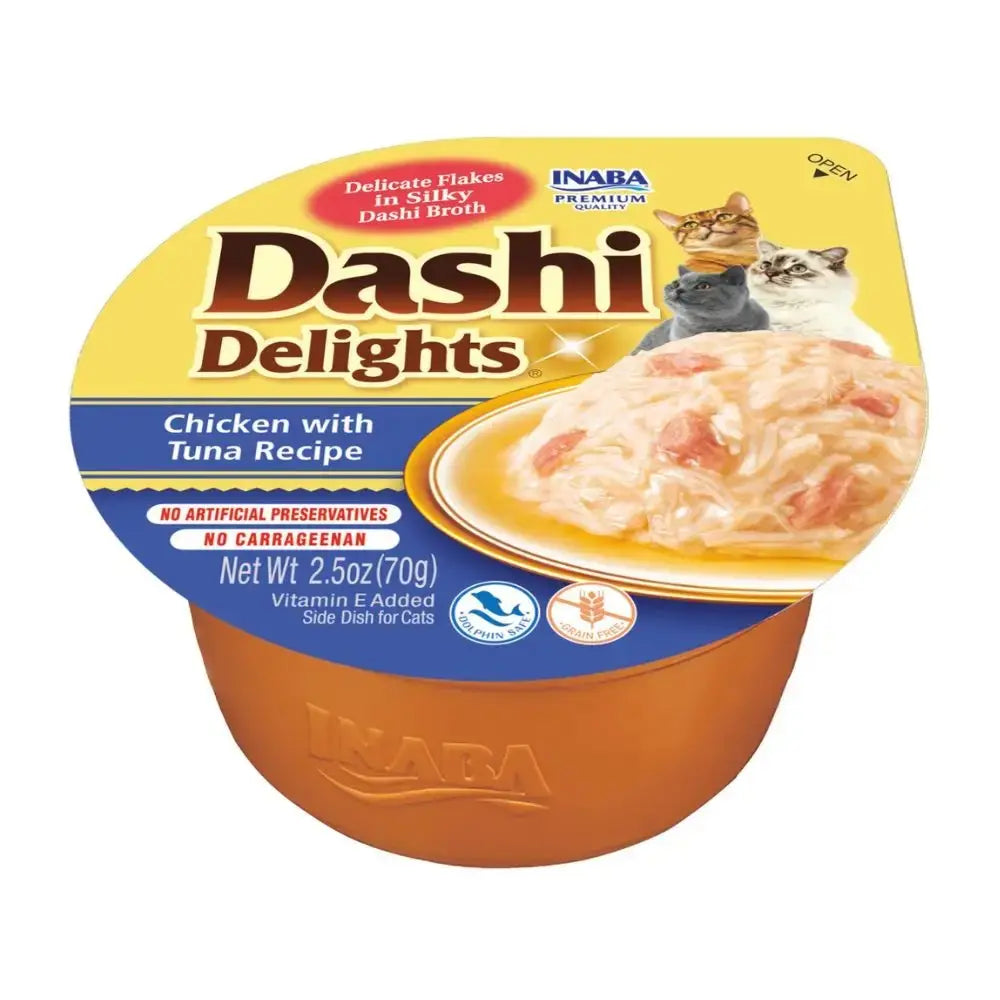 Dashi Delights cat food cup with chicken and tuna recipe in silky broth, no artificial preservatives.