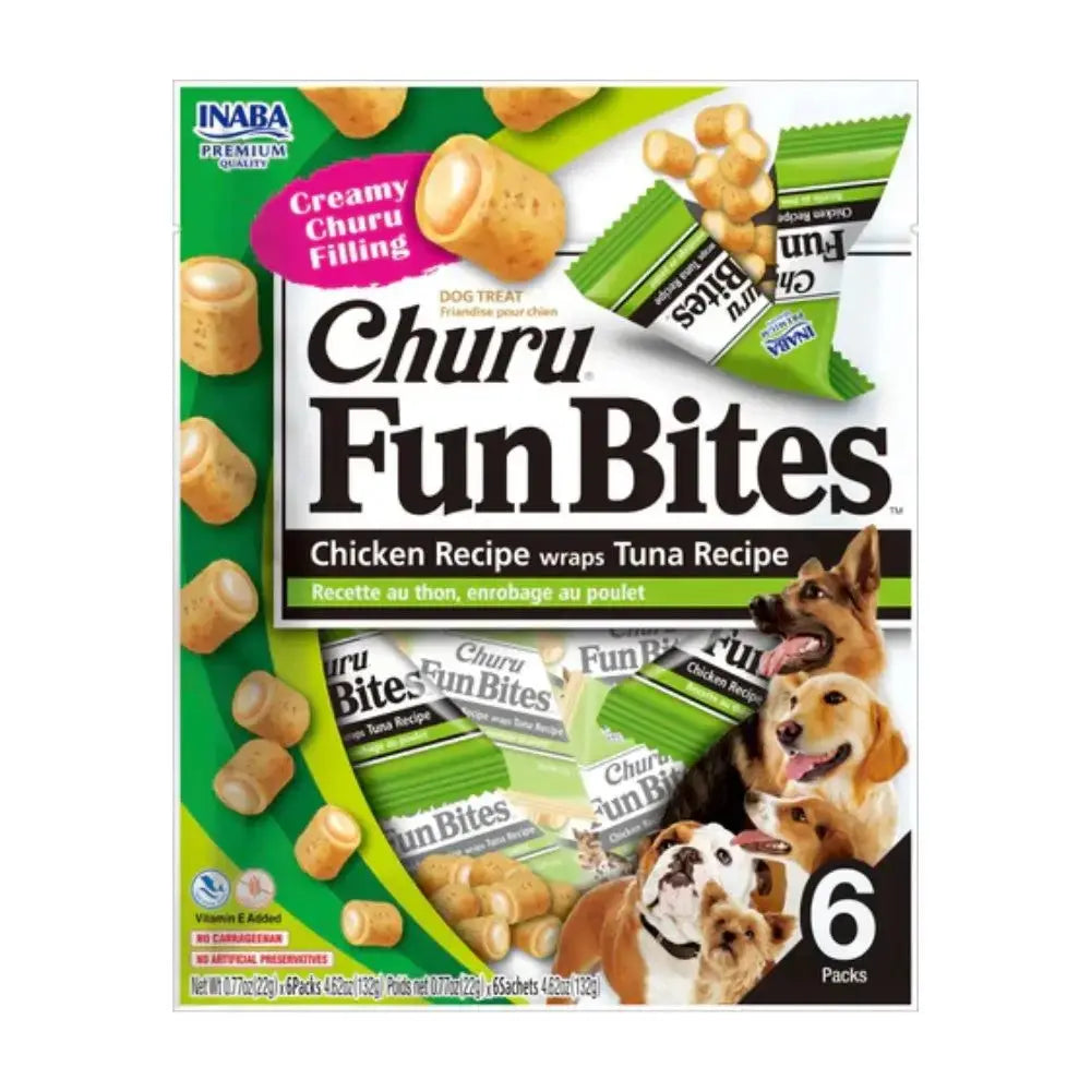 Churu FunBites dog treats with chicken and tuna recipes, perfect for rewarding your furry friend.