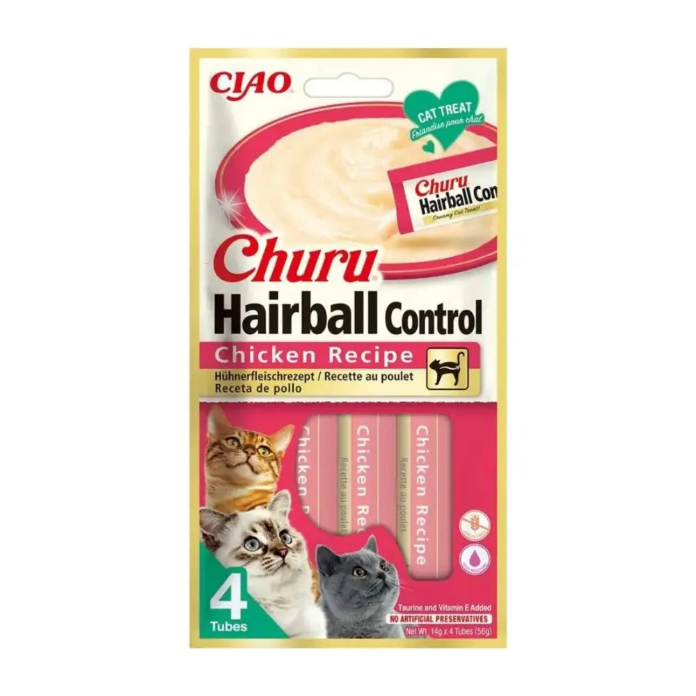 Churu Hairball Control chicken cat treats in a pack of four tubes for healthy digestion and enjoyment.