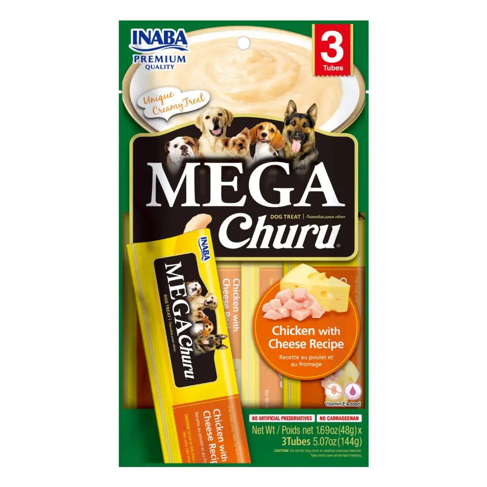 Mega Churu dog treat packaging featuring chicken with cheese recipe in convenient tubes for pets.