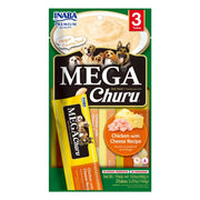 Mega Churu dog treat packaging featuring chicken with cheese recipe in convenient tubes for pets.